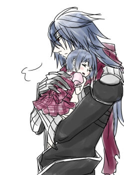 1boy 1girl assassin_cross_(ragnarok_online) black_shirt blue_hair carrying carrying_person child closed_mouth commentary_request eremes_guile expressionless long_hair open_mouth plaid_clothes plaid_skirt profile ragnarok_online red_eyes red_scarf red_skirt scarf shirt short_hair simple_background skirt toriria upper_body white_background