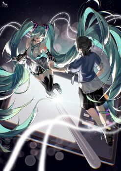 1boy 1girl absurdres aqua_hair aqua_nails aqua_necktie aqua_trim arm_tattoo azw_0901 black_hair black_shorts black_skirt blue_shirt boots breasts collared_shirt detached_sleeves drawing_tablet grey_shirt hair_between_eyes hair_ornament hatsune_miku headset highres holding holding_hands lens_flare long_hair long_sleeves master_(vocaloid) medium_breasts miniskirt necktie number_tattoo open_mouth pleated_skirt shirt shorts skirt smile stylus tattoo thigh_boots through_medium through_screen twintails very_long_hair vocaloid wide_sleeves