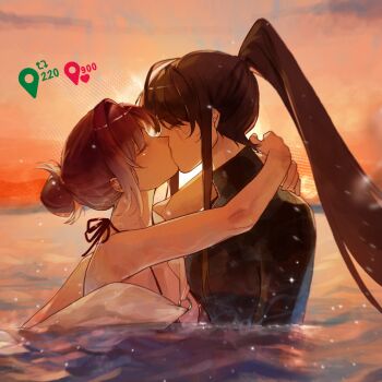 2girls arms_around_neck black_hair black_shirt closed_eyes commentary dress english_commentary highres kiss lezissmitozer long_hair multiple_girls ocean partially_submerged path_to_nowhere ponytail purple_hair rahu_(path_to_nowhere) scar scar_across_eye scar_on_face shalom_(path_to_nowhere) shirt white_dress yuri