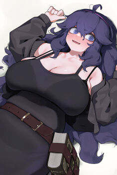 1girl ahoge bare_shoulders belt black_dress black_hair black_jacket blush book breasts cleavage commentary_request cosplay dress goddess_of_victory:_nikke hairband hex_maniac_(pokemon) hex_maniac_(pokemon_xy) highres hizake_mozu jacket label_(nikke) label_(nikke)_(cosplay) large_breasts long_hair long_sleeves looking_at_viewer nintendo off_shoulder open_mouth pokemon pokemon_xy purple_eyes purple_hairband smile solo