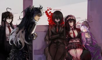 5girls :d absurdres ahoge artist_collaboration black_hair black_jacket black_skirt blood blood_on_clothes blood_splatter borrowed_character burning cloak closed_eyes collared_shirt colored_tips corset crossed_bangs dress fur_collar hair_between_eyes hand_on_another&#039;s_shoulder hat head_tilt heart heart_ahoge height_difference high_ponytail highres hood hood_up horns indoors jacket logicsterrr long_hair looking_at_another multicolored_hair multiple_girls necktie open_mouth original pointy_ears ponytail purple_dress red_necktie shirt sitting skirt smile teeth_print twitter_username very_long_hair white_hair white_shirt