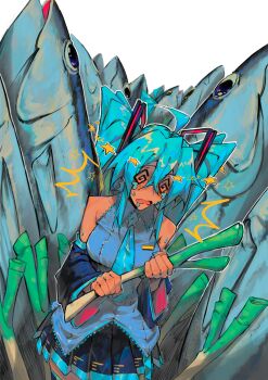 Rule 34 | 1girl, @ @, absurdres, black skirt, black sleeves, blue hair, blue necktie, breasts, commentary, detached sleeves, fish, food, grey shirt, hatsune miku, highres, holding, holding food, holding spring onion, holding vegetable, medium breasts, necktie, open mouth, pleated skirt, sainttufa, shirt, simple background, skirt, sleeveless, sleeveless shirt, spring onion, twintails, vegetable, vocaloid, white background
