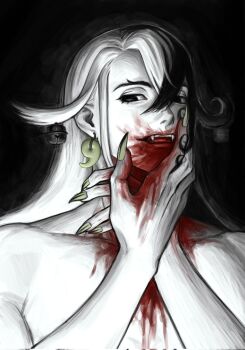 1boy ashiya_douman_(fate) bell black_background black_eyes black_hair blood blood_on_face curly_hair earrings fangs fate/grand_order fate_(series) fingernails forked_eyebrows green_nails hair_bell hair_between_eyes hair_ornament highres jewelry long_fingernails long_hair magatama magatama_earrings male_focus multicolored_hair sharp_fingernails simple_background solo split-color_hair teeth tongue topless_male two-tone_hair upper_body white_hair xianyun00