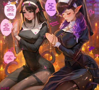 2girls artist_collaboration blush breast_envy breasts brown_hair brown_thighhighs cat_tail cleavage closed_eyes closed_mouth commentary cross cross_necklace english_commentary english_text extra_ears fishnet_pantyhose fishnets from_side highres horns jewelry kittew large_breasts long_hair multicolored_hair multiple_girls necklace nun original own_hands_clasped own_hands_together paid_reward_available pantyhose prywinko purple_hair seiza sitting smile sweat tail thighhighs torn_clothes torn_pantyhose torn_thighhighs two-tone_hair