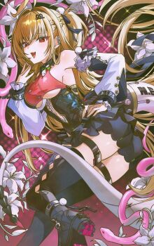 Rule 34 | 1girl, ahoge, bare shoulders, black thighhighs, blonde hair, breasts, chalky (zenless zone zero), cissia (zenless zone zero), commentary, detached sleeves, fang, floating hair, hair ornament, hand on own hip, highres, large breasts, long hair, long sleeves, looking at viewer, mising 0033, open mouth, red eyes, smile, snake, snake girl, snake tail, solo, tail, thighhighs, untranslatable commentary, very long hair, zenless zone zero