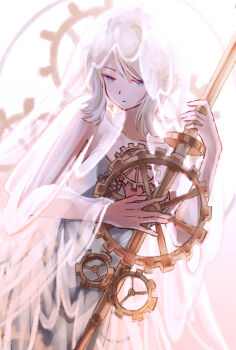 1girl blue_eyes bridal_veil closed_mouth dress e.g.o_(project_moon) everlasting_(e.g.o) faust_(project_moon) gears gloria91927 hashtag-only_commentary highres holding holding_weapon limbus_company looking_at_viewer project_moon solo standing veil weapon wedding_dress white_background white_dress white_hair