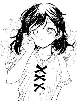 1girl blush commentary_request dress flower greyscale highres kikai_(akita_morgue) looking_at_viewer monochrome original short_hair smile solo upper_body