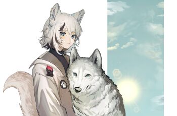 1girl absurdres animal_ear_piercing animal_ears badge black_hair black_sweater blue_eyes button_badge closed_mouth commentary commission dog dog_ears dog_girl dog_tail english_commentary grey_hair grey_jacket highres husky jacket kmnz lens_flare looking_at_viewer medium_hair multicolored_hair open_clothes open_jacket sak_orz second-party_source solo sweater tail tina_(kmnz) two-tone_hair upper_body virtual_youtuber