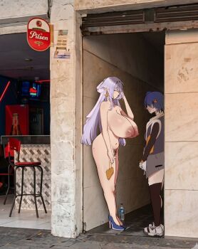 2girls absurdres ahoge alley belle_(zenless_zone_zero) black_shirt blue_hair bottle breasts chair closed_eyes closed_mouth commentary completely_nude earrings from_side going_to_colombia_for_the_food_and_culture_(meme) hair_ornament height_difference high_heels highres huge_breasts jewelry large_areolae letter_hair_ornament long_hair meme mole mole_on_ass mole_on_breast mole_under_mouth multiple_girls navel nipples nude outdoors photo_background pointy_ears pubic_hair purple_hair shirt shoes short_hair sign single_thighhigh smile sneakers standing tall_female thighhighs untranslatable_commentary valen_(valentineart) velina_airgid water_bottle zenless_zone_zero