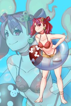Rule 34 | 1girl, absurdres, animal ears, bare shoulders, bell, bikini, blush, breasts, buoy, clenched hands, closed mouth, collarbone, duel monster, full body, ha-re the sword mikanko, hair between eyes, hand on own hip, highres, hisousakuya, leaning forward, long hair, medium breasts, midriff, mouse ears, mouse girl, mouse tail, navel, neck bell, red bikini, red eyes, red hair, smile, swimsuit, tail, thigh strap, yu-gi-oh!