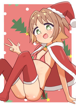 1girl absurdres bell bikini brown_hair christmas fang flat_chest fur_trim green_eyes gtmd0gjamw hat highres loli looking_at_viewer micro_bikini oka_asahi onii-chan_wa_oshimai! red_thighhighs santa_costume santa_hat side-tie_bikini_bottom smile solo swimsuit thighhighs w
