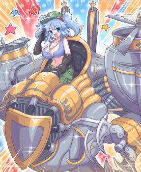 1girl belt black_gloves blue_eyes blue_hair blue_tank_top breasts cleavage commentary_request emphasis_lines flat_cap gloves green_hat green_shorts hair_bobbles hair_ornament hat highres jewelry kawashiro_nitori key large_breasts medium_hair navel open_mouth partially_unzipped pendant propeller robot shorts smile solo star_(symbol) tank_top temu touhou two_side_up