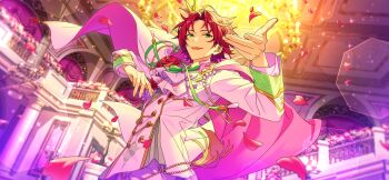 1boy beads cape chandelier crown curtained_hair curtains ensemble_stars! falling_petals fingernails floral_print flower from_below game_cg green_eyes happy_elements indoors isara_mao long_sleeves looking_at_viewer male_focus mini_crown official_art open_mouth outstretched_hand petals red_flower red_hair red_rose rose short_hair smile solo third-party_source upper_body vs_princess_(ensemble_stars!)