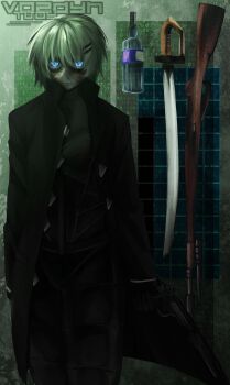 1girl alcohol android arms_at_sides artist_name bags_under_eyes binary black_bodysuit black_coat blood blood_on_face blue_eyes bodysuit bodysuit_under_clothes bolt_action bottle buttons coat commission cowboy_shot equipment_screen green_background green_hair grid gun hair_ornament hairclip handgun highres holding holding_gun holding_weapon lens_eye marie_(peripeteia) mosin-nagant multiple_weapons peripeteia rifle saber_(weapon) serious short_hair sidelighting solo straight-on suppressor sword trench_coat triangle_button tvoyvozdyh user_interface vodka walking walking_towards_viewer weapon