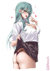 Rule 34 | 1girl, aqua hair, artist name, ass, blush, breasts, butt crack, choker, clothes lift, collared shirt, cropped legs, dress shirt, ebifurya, foreshortening, from behind, from side, hair between eyes, hair ornament, hairclip, heart, highres, kantai collection, large breasts, lifted by self, long hair, looking at viewer, miniskirt, nail polish, one-hour drawing challenge, open mouth, panties, partially unbuttoned, pink nails, pink panties, pleated skirt, print panties, see-through silhouette, shirt, sidelocks, simple background, skirt, skirt lift, solo, suzuya (kancolle), teeth, thick thighs, thighs, thong, twisted torso, twitter username, underwear, upper teeth only, white background, white shirt