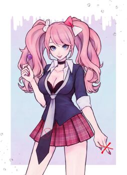 1girl :p aegyo_sal arm_at_side big_hair black_bra black_choker black_necktie black_shirt blue_eyes border bow bra breasts bubble candy choker cleavage closed_mouth collarbone collared_shirt commentary_request cosplay cowboy_shot danganronpa:_trigger_happy_havoc danganronpa_(series) enoshima_junko enoshima_junko_(cosplay) food grey_background hair_between_eyes hair_bow hair_ornament hand_up highres holding holding_candy holding_food holding_lollipop htjnboxod ikusaba_mukuro lace lace-trimmed_bra lace-trimmed_choker lace_trim large_breasts lollipop looking_at_viewer middle_finger miniskirt nail_polish necktie outside_border pink_hair plaid_clothes plaid_skirt pleated_skirt rabbit_hair_ornament red_bow red_nails red_skirt shirt simple_background skirt smile solo spoilers standing swept_bangs three-quarter_sleeves tongue tongue_out twintails two-tone_bow two-tone_necktie underwear wavy_hair white_border white_bow white_necktie