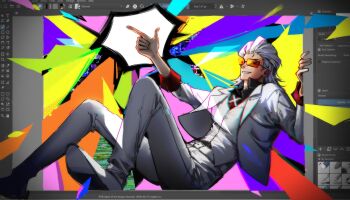 1boy belt black_shirt collared_shirt distortion full_body grin hair_slicked_back highres jacket kaitotties knees_up krita_(medium) krita_(software) looking_at_viewer male_focus mullet necktie orange-tinted_eyewear red_necktie shirt smile snapping_fingers solo through_medium tinted_eyewear to_be_hero to_be_hero_x vest white_hair white_jacket white_vest x_(symbol) x_(to_be_hero_x)