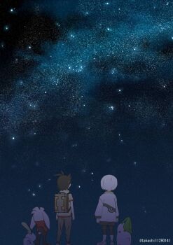 2boys absurdres antenna_hair backpack bag chikorita commentary_request from_behind gen_2_pokemon gen_8_pokemon goh_(pokemon) grey_shirt highres horace_(pokemon) long_sleeves male_focus multiple_boys night nintendo outdoors pants pokemon pokemon_(anime) pokemon_(creature) pokemon_journeys raboot shinohara_takashi shirt shoes short_hair short_sleeves sky sobble standing star_(sky) twitter_username white_hair