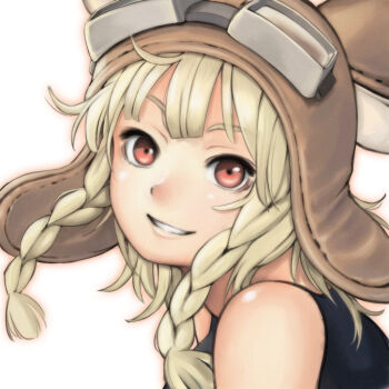 Rule 34 | 1girl, absurdres, aviator cap, bare shoulders, blonde hair, braid, commentary request, highres, hotateyuki, looking at viewer, medium hair, original, red eyes, smile, solo, twin braids, upper body