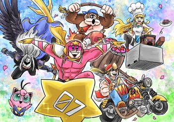 1girl apron armor bad_food bandana bandana_waddle_dee bandana_waddle_dee_(cosplay) blonde_hair blue_bandana bombchu captain_falcon chef_hat chef_kawasaki chef_kawasaki_(cosplay) cosplay donkey_kong donkey_kong_(series) f-zero fatal_fury final_fantasy final_fantasy_vii gen_1_pokemon gloves gorilla grey_hair hammer hat helmet highres holding holding_hammer holding_ladle holding_polearm holding_sword holding_weapon jigglypuff kicdon king_dedede king_dedede_(cosplay) kirby kirby_(cosplay) kirby_(series) kirby_air_ride kirby_air_riders ladle meta_knight meta_knight_(cosplay) minecart minecraft motor_vehicle motorcycle mythra_(massive_melee)_(xenoblade) mythra_(xenoblade) necktie nintendo on_motorcycle open_mouth pauldrons petals pokemon pokemon_(creature) polearm pom_pom_(clothes) red_necktie sephiroth shoulder_armor single_wing sparkle spear star_(symbol) steve_(minecraft) super_smash_bros. sword terry_bogard toned toned_male warioware warp_star weapon white_apron wings xenoblade_chronicles_(series) xenoblade_chronicles_2 yellow_eyes yellow_gloves