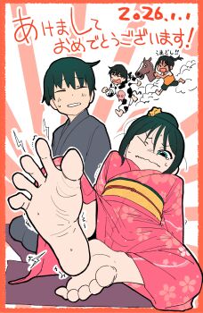 1boy 1girl 2026 absurdres animal_costume barefoot black_kimono bow closed_eyes closed_mouth cousins cow_costume feet floral_print flower foot_focus green_hair hair_bun hair_flower hair_ornament highres horse_mask inu_chikushou itoko_no_ko japanese_clothes kimono mask nozomu_(itoko_no_ko) obi one_eye_closed parted_lips reclining red_bow red_kimono sash sitting soles sou_(itoko_no_ko) spread_toes toes wavy_hair