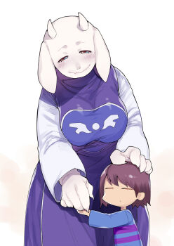 1girl 1other androgynous animal_ears blue_eyes breasts brown_hair closed_eyes frisk_(undertale) furry furry_female goat_ears goat_girl highres horns hug large_breasts mogiki_hayami shirt simple_background smile striped_clothes striped_shirt toriel undertale utdr_(toby_fox) white_background