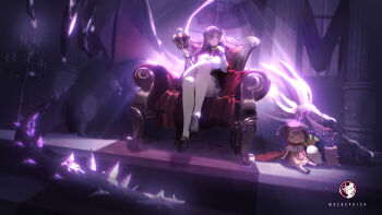 Rule 34 | 2girls, abroccoli, absurdres, artist logo, artist name, black shoes, black skirt, breasts, cape, crossed legs, crown, download link, english text, high-waist skirt, highres, holding, holding crown, indie virtual youtuber, indoors, large breasts, logo, long hair, looking at viewer, mother and daughter, multiple girls, orange skirt, otsuka ray, purple eyes, purple hair, red cape, reika (otsuka ray), shirt, shoes, sitting on throne, skirt, suspender skirt, suspenders, thighhighs, third-party source, throne, virtual youtuber, white shirt, white thighhighs