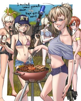 5girls absurdres american_flag american_flag_bikini american_flag_print assault_rifle backyard baseball_cap beer_can bikini blonde_hair breasts brown_hair burger can character_request cleavage corn drink_can english_text flag_print flag_print_bikini food fourth_of_july grill gun hat highres holding holding_gun holding_weapon long_hair looking_at_viewer medium_breasts multiple_girls orange_hair party print_bikini puto_trash rail_(weapon) ribs_(food) rifle sausage short_hair submachine_gun sunglasses suppressor swimsuit trigger_discipline uragoner weapon