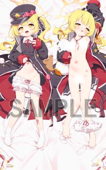 1girl arm_up barefoot bed_sheet black_dress black_hat black_horns black_jacket black_ribbon black_tail black_wings blonde_hair bloomers bloomers_around_one_leg bloomers_pull blue_archive blush bow censored child's_drawing clothes_lift collared_shirt commentary_request crayon crime_prevention_buzzer dakimakura_(medium) demon_girl demon_horns demon_tail demon_wings dress dress_lift flat_chest full_body groin hair_ribbon halo hat hat_bow holding holding_crayon holding_stuffed_toy horns ibuki_(blue_archive) jacket loli long_hair long_sleeves looking_at_viewer low_wings lying multiple_views navel neck_ribbon no_shoes on_back open_clothes open_jacket open_mouth peaked_cap peroro_(blue_archive) pinafore_dress pink_bow pointy_ears red_ribbon ribbon sample_watermark setmen shirt side_ponytail skirt sleeveless sleeveless_dress sleeves_past_wrists smile socks stomach stuffed_animal stuffed_toy tail teddy_bear underwear unworn_skirt unworn_socks watermark white_bloomers white_shirt white_socks wings yellow_eyes yellow_halo