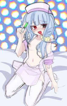 1boy abstract_background aoya_tobosu blue_background blue_hair blunt_bangs blush braid chromatic_aberration commentary_request crossdressing crossdressing_(mtf) dasaku dot_nose drooling drugged frown full_body furrowed_brow gauze gauze_on_arm grey_eyes hair_over_breasts hair_over_one_breast hand_up hat heterochromia high_braided_ponytail holding holding_syringe legs_folded long_hair looking_at_viewer low_side_ponytail male_focus miniskirt mixed-language_commentary mouth_drool navel ninja_tomato nipples nose_blush nurse nurse_cap on_bed open_clothes open_mouth open_shirt partial_commentary pencil_skirt psychedelic puffy_male_chest purple_shirt purple_skirt raised_inner_eyebrows red_eyes shirt side_ponytail side_slit single_off_shoulder sitting skirt skirt_set solo stomach syringe thighhighs trap wariza white_hat white_thighhighs