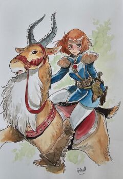 1girl absurdres alessandro_barbucci armor belt belt_pouch black_gloves black_shirt blue_dress blue_tabard boots breasts brown_belt brown_boots brown_hair closed_mouth commentary commission company_connection crossover dagger dress english_commentary frown gloves highres kaze_no_tani_no_nausicaa knee_boots knife long_sleeves looking_to_the_side medium_breasts mononoke_hime nausicaa pantyhose pouch reins riding riding_animal saddle sheath sheathed shirt short_hair shoulder_armor shoulder_strap sitting tabard weapon white_pantyhose yakul