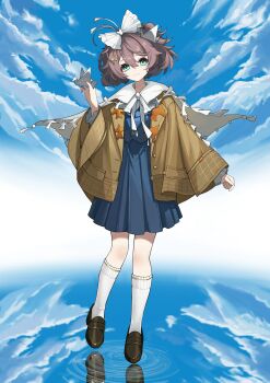 Rule 34 | 1girl, absurdres, bird hair ornament, blue eyes, blue jacket, blue skirt, blue sky, bow, bowtie, brown coat, brown hair, brown shoes, cape, chinese commentary, closed mouth, cloud, cloudy sky, coat, commentary request, flutterpage, full body, hair between eyes, hair bow, hair ornament, hand up, head tilt, highres, holding, holding paper, jacket, jiuxia xata, kneehighs, loafers, looking at viewer, miniskirt, origami, outdoors, paper, paper crane, reflection, reflective liquid, reverse:1999, ripples, shoes, short hair, skirt, sky, smile, socks, solo, standing, white bow, white bowtie, white cape, white socks