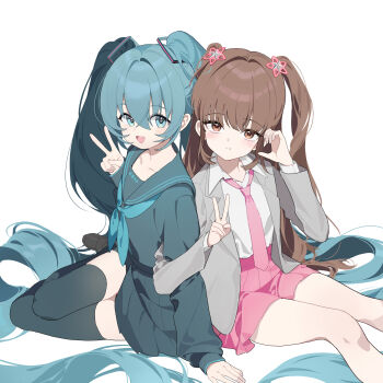 Rule 34 | :d, :t, absurdres, adcd, back-to-back, blazer, blue eyes, blue hair, blue neckerchief, blue sailor collar, blue serafuku, blue shirt, blue skirt, blue thighhighs, blush, brown eyes, brown hair, character request, closed mouth, collarbone, collared shirt, eighth note, feet out of frame, grey jacket, hair intakes, hand up, hatsune miku, heart, highres, jacket, locked arms, long hair, long sleeves, looking at viewer, musical note, neckerchief, necktie, open clothes, open jacket, open mouth, pink necktie, pink skirt, pixelated, pleated skirt, sailor collar, school uniform, serafuku, shirt, simple background, sitting, skirt, sleeves past wrists, smile, thighhighs, twintails, two side up, v, very long hair, vocaloid, white background, white shirt