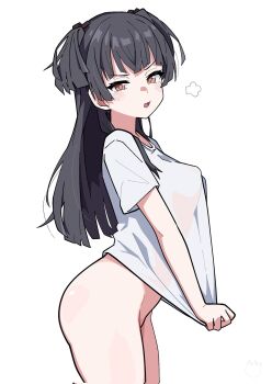 1girl black_hair bottomless breasts brown_eyes commentary corrupted_twitter_file cowboy_shot from_side highres idolmaster idolmaster_shiny_colors long_hair looking_at_viewer looking_to_the_side mayuzumi_fuyuko naked_shirt no_bra ohgi910 open_mouth see-through_clothes see-through_shirt shirt shirt_tug short_sleeves simple_background solo standing t-shirt two_side_up white_background white_shirt