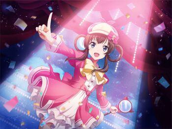 1girl beret black_hair blue_eyes bow bowtie cosplay dress frilled_dress frills game_cg hair_rings hat hat_bow holding holding_magnifying_glass index_finger_raised jumping kagura_hikari long_sleeves looking_at_viewer magnifying_glass newsboy_cap official_art open_mouth pink_bow pink_dress sherlock_shellingford sherlock_shellingford_(cosplay) shoujo_kageki_revue_starlight shoujo_kageki_revue_starlight_-re_live- solo spotlight stage standing tantei_opera_milky_holmes upper_body yellow_bow yellow_bowtie yellow_hat