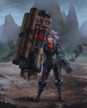 1girl arm_cannon armor armored_boots battle battlefield bodysuit boots breastplate cable china command_&amp;_conquer command_&amp;_conquer:_red_alert command_&amp;_conquer:_red_alert_2 crater dirt dual_arm_cannons gauntlets greaves huge_weapon knee_guards lips mental_omega_(mod) military mountain mountainous_horizon multi-tied_hair nose people&#039;s_republic_of_china_flag phill_berry pink_hair power_armor realistic smoke soil standing swept_bangs tree war weapon yunru_(mental_omega)