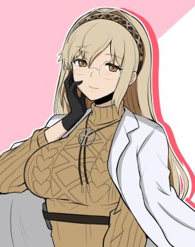 Rule 34 | 1girl, black gloves, blonde hair, blush, brown eyes, commentary request, demeter (fate), fate/grand order, fate (series), glasses, gloves, jacket, jewelry, ma08bygzam04, necklace, smile, solo, sweater, white jacket