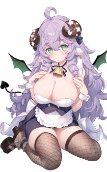 1girl absurdres ahoge animal_ears apron bare_shoulders bell black_shoes black_skirt breasts brown_thighhighs cleavage closed_mouth commission cowbell curled_horns demon_tail drill_hair fishnet_thighhighs fishnets green_eyes grey_hair hands_up highres hiraga_matsuri horns large_breasts long_hair looking_at_viewer mini_wings miniskirt mole mole_on_breast mole_on_thigh neck_ribbon original pencil_skirt ribbon sheep_ears sheep_horns shirt shoes simple_background skeb_commission skindentation skirt solo strapless strapless_shirt tail tailcoat thighhighs thighs twin_drills underbust very_long_hair waist_apron white_background white_shirt wings wrist_cuffs zettai_ryouiki