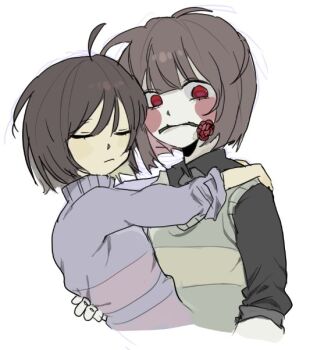 2others adapted_costume animification armlock black_shirt brown_hair chara_(undertale) closed_eyes closed_mouth collared_shirt colored_inner_hair colored_skin commentary_request empty_eyes fingernails flower frisk_(undertale) from_side green_sweater_vest hair_between_eyes hand_around_waist korean_commentary long_sleeves looking_at_viewer multicolored_hair multiple_others other_focus other_with_other pale_skin puffy_long_sleeves puffy_sleeves purple_sweater red_eyes red_flower red_hair red_rose rose shirt short_hair simple_background single_stripe smile striped_clothes striped_sweater striped_sweater_vest sweater sweater_vest turtleneck turtleneck_sweater undertale upper_body utdr_(toby_fox) white_background yellow_skin yx_won2