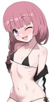 1girl ;d arms_behind_back bare_shoulders bikini black_bikini blush bocchi_the_rock! braid braided_ponytail breasts collarbone fang halulu highres hiroi_kikuri long_hair looking_at_viewer lowleg lowleg_bikini micro_bikini navel one_eye_closed open_mouth pink_hair purple_eyes ringed_eyes side-tie_bikini_bottom simple_background single_braid small_breasts smile solo swimsuit tareme white_background
