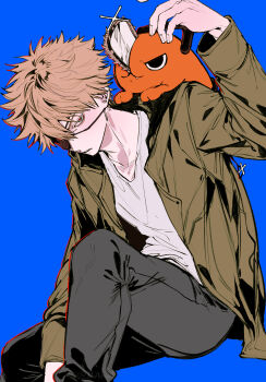 1boy black_pants blonde_hair blue_background brown_hair chainsaw chainsaw_man closed_mouth collarbone commentary creature denji_(chainsaw_man) eyepatch fang fang_out green_jacket grey_pants grey_shirt highres ikaooi1 jacket long_sleeves looking_at_viewer male_focus on_shoulder one_eye_covered open_mouth pants pochita_(chainsaw_man) red_eyes sanpaku sharp_teeth shirt short_hair spiked_hair teeth v-neck white_shirt