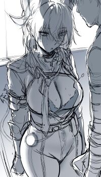 1boy 1girl absurdres arm_pouch blush bra bulge choker curled_horns demon_tail erection erection_under_clothes gloves hair_between_eyes hews high-waist_pants highres horns jacket jacket_on_shoulders looking_at_penis male_rover_(wuthering_waves) monochrome necktie open_clothes open_shirt pants parted_lips popped_button rover_(wuthering_waves) sketch sleeves_rolled_up sweatdrop tail tight_clothes tight_pants underwear unfinished wuthering_waves zani_(wuthering_waves)