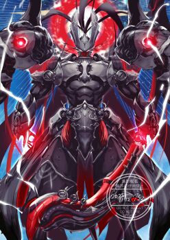 152_in_can 1boy armor black_armor fate/grand_order fate_(series) full_armor full_body grand_servant_(fate/grand_order) helmet highres holding holding_weapon humanoid_robot japanese_armor kusazuri male_focus minamoto_no_tametomo_(fate) minamoto_no_tametomo_(third_ascension)_(fate) robot samurai shoulder_armor solo weapon white_eyes
