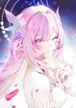 Rule 34 | 1girl, absurdres, bare shoulders, breasts, closed mouth, commentary, cyrene (demiurge) (honkai: star rail), cyrene (honkai: star rail), fingernails, flower, hair flower, hair ornament, highres, honkai: star rail, honkai (series), index finger raised, jelmul, long hair, looking at viewer, looking to the side, medium breasts, one eye closed, petals, pink hair, pink petals, pointy ears, purple eyes, purple flower, purple rose, rose, sidelocks, smile, solo, upper body
