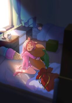 2girls :d ^_^ alarm_clock animal_ears character_request clock closed_eyes closed_mouth commentary_request curtains drawer food-themed_pillow haru_urara_(umamusume) highres horse_ears horse_girl horse_tail hugging_object indoors jacket long_hair long_sleeves lying mochiusasa morning multiple_girls on_bed on_side open_clothes open_jacket open_mouth pillow pillow_hug pink_hair pink_jacket pink_shorts pink_socks shorts sitting sleeping smile socks solo_focus tail umamusume under_covers window