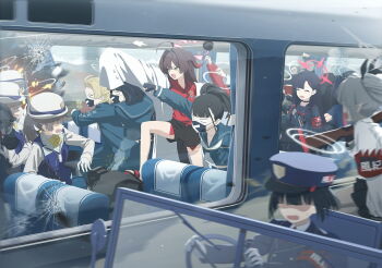 6+girls armband assault_rifle black_gloves black_hair black_mask black_sailor_collar black_shirt black_shorts black_skirt blank_eyes blonde_hair blue_archive blue_hat blue_jacket blue_sailor_collar blue_shirt blue_skirt blue_vest blunt_bangs blurry blurry_foreground car clenched_hands closed_eyes crack cracked_glass demon_girl demon_horns game_cg gloves grey_hair grey_halo gun hair_between_eyes hair_ornament hair_ribbon hairclip halo hat highlander_railway_academy_student_(hg)_(blue_archive) highres holding holding_gun holding_weapon horns ichika_(blue_archive) iori_(blue_archive) jacket kasumi_(blue_archive) long_hair mob motor_vehicle multiple_girls neckerchief no_eyes non-web_source official_art open_mouth peaked_cap pleated_skirt prefect_team_member_(blue_archive) red_armband red_halo red_neckerchief red_shirt ribbon rifle sailor_collar shirt shorts sidelocks skirt sleeves_past_fingers sleeves_past_wrists slippers sniper_rifle sukeban_(mg)_(blue_archive) sukeban_(smg)_(blue_archive) sukeban_(sr)_(blue_archive) train vest weapon white_halo white_hat white_jacket white_shirt