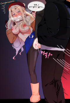 1boy 1girl beret blonde_hair blush boots breasts censored clenched_teeth clothes_lift cum cum_in_pussy gloves hair_between_eyes hat hetero highres korean_commentary korean_text large_breasts long_hair maeng_gyu-ri mosaic_censoring motion_lines navel nipples open_mouth pantyhose penis pussy sex skirt split standing standing_on_one_leg standing_sex standing_split surprised sweater teeth torn_clothes wide-eyed yslee070410 zombie_high_school