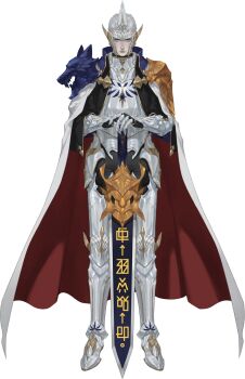 1boy armor blue_eyes cape cuirass digimoji digimon eve7d6 full_armor gauntlets gloves greaves highres holding holding_sword holding_weapon horns humanization knight looking_at_viewer male_focus omegamon pauldrons plate_armor red_cape short_hair shoulder_armor simple_background solo spikes sword weapon white_cape white_hair