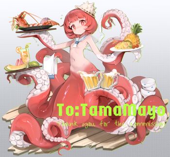 1girl beer_mug blue_trim bowl breasts bright_pupils commentary commentary_request commission commissioner_name completely_nude conch crazy_straw cup drinking_straw english_commentary extra_legs flying_sweatdrops food fried_rice fruit full_body gradient_skin grey_background hair_ornament head_tilt highres holding holding_bowl holding_napkin holding_pencil ice juice kiwi_(fruit) kiwi_slice kyuri_tizu light_blush light_smile lobster looking_at_viewer melon melon_slice mixed-language_commentary monster_girl mug navel no_nipples nude orange_(fruit) orange_slice original pencil pineapple pixiv_commission plate receipt red_eyes red_hair scarf scylla shell shell_hair_ornament small_breasts solo stomach suction_cups tentacle_arm tentacles thank_you tomato watermelon watermelon_slice wet white_pupils white_scarf