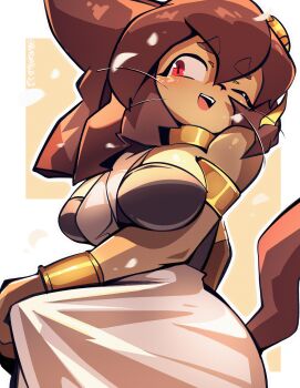 1girl :d ;d absurdres animal_ears armlet artist_name breasts brown_hair cat_ears cat_girl cat_tail chinese_commentary commentary_request dpaws dress furry furry_female gameoverse goggles goggles_on_head highres jewelry kit_bodega large_breasts one_eye_closed open_mouth orange_background red_eyes short_hair smile solo tail teeth two-tone_background upper_teeth_only whiskers white_background white_dress